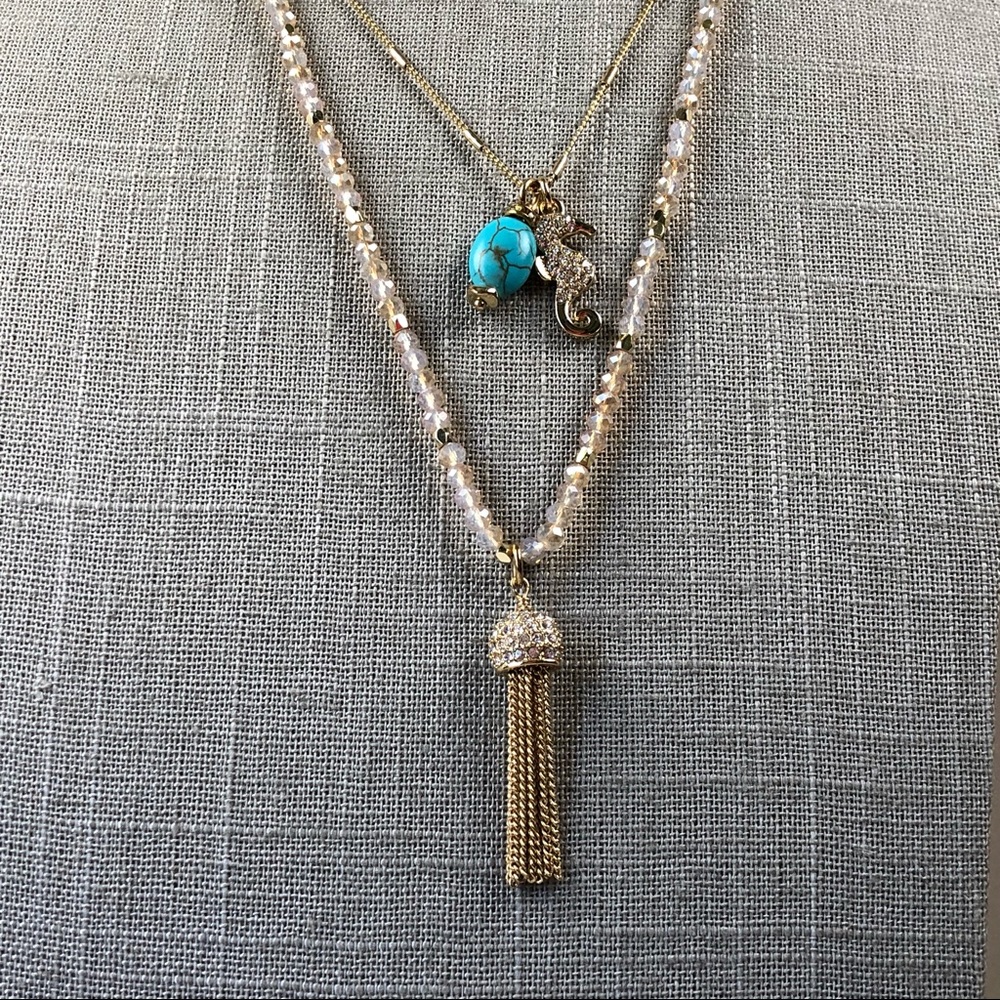 Long beaded double strand necklace with sea horse